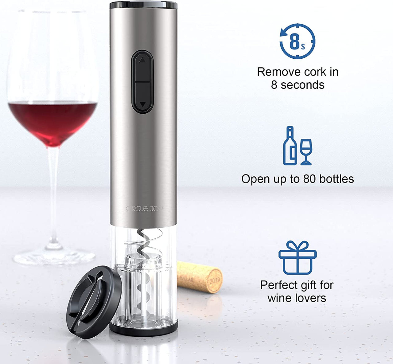 Electric Wine Opener Rechargeable Battery Operated Wine Bottle Opener with Foil Cutter Automatic Wine Openers Electric Corkscrew Wine Opener for Wine Lovers, Stainless Steel