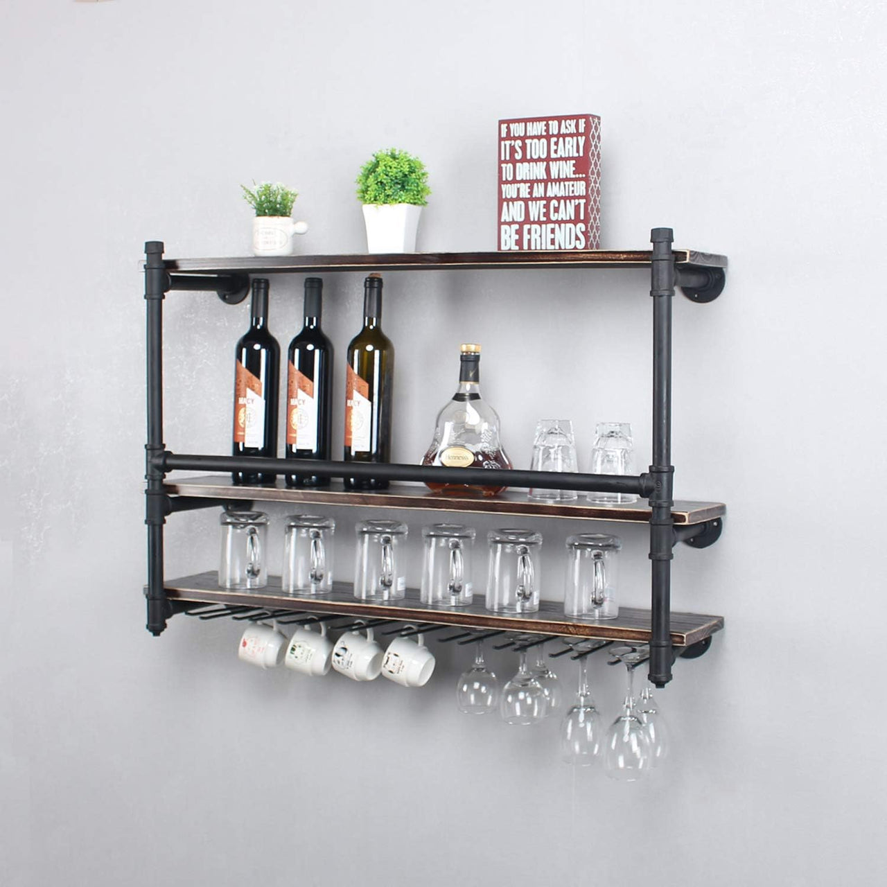 Industrial Wall Mounted Wine Rack,3-Tier Wood Shelf,Wine Bottle with 9 Stemware Glass Rack,Mugs Racks,Bottle & Glass Holder,Display Racks,Home & Kitchen Décor,Black(36 Inch,Style B)