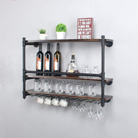 Thumbnail for Industrial Wall Mounted Wine Rack,3-Tier Wood Shelf,Wine Bottle with 9 Stemware Glass Rack,Mugs Racks,Bottle & Glass Holder,Display Racks,Home & Kitchen Décor,Black(36 Inch,Style B)