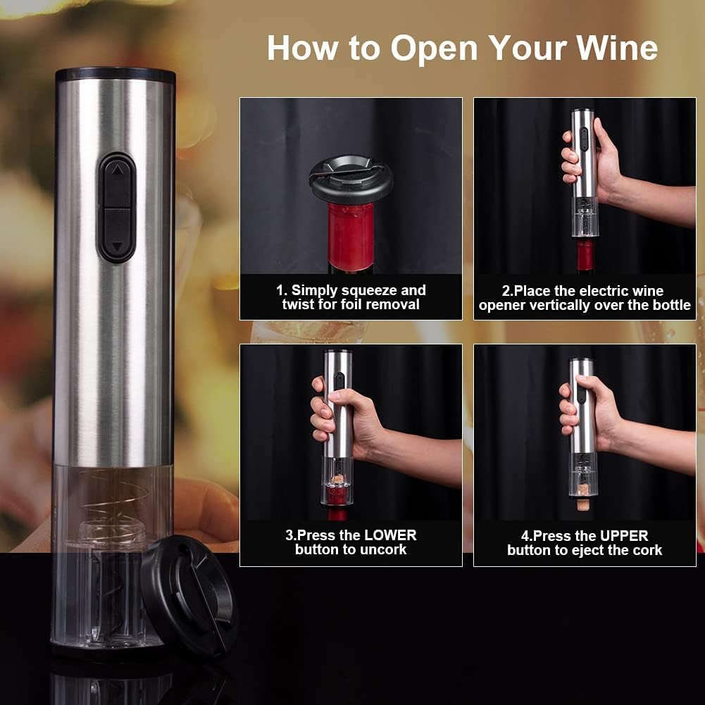 Electric Wine Bottle Openers - Rechargeable Automatic Corkscrew Opener Puller , Electronic Wine Opener, Electric Corkscrew, Stainless Steel (Batteries Included)