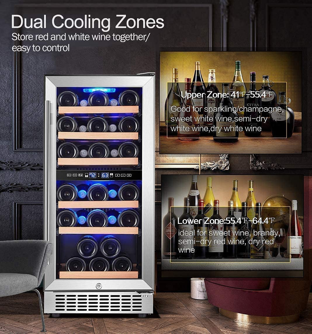 Wine Cooler Refrigerator 15 Inch Dual Zone Wine Fridge for 30 Bottles Built in or Freestanding Compressor Wine Chiller with Temperature Memory | Fog Free, Front Vent, Quick and Quiet Operation