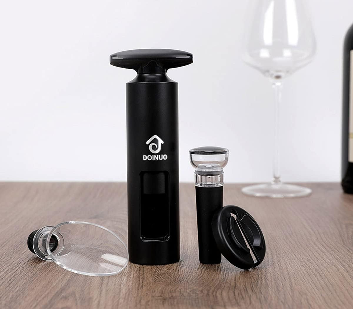 Manual Wine Bottle Opener Portable Corkscrew with Foil Cutter, Vacuum Stopper, and Wine Aerator Pourer, 4-In-1 Waiter Corkscrew for Wine Lover (Black - Manual)