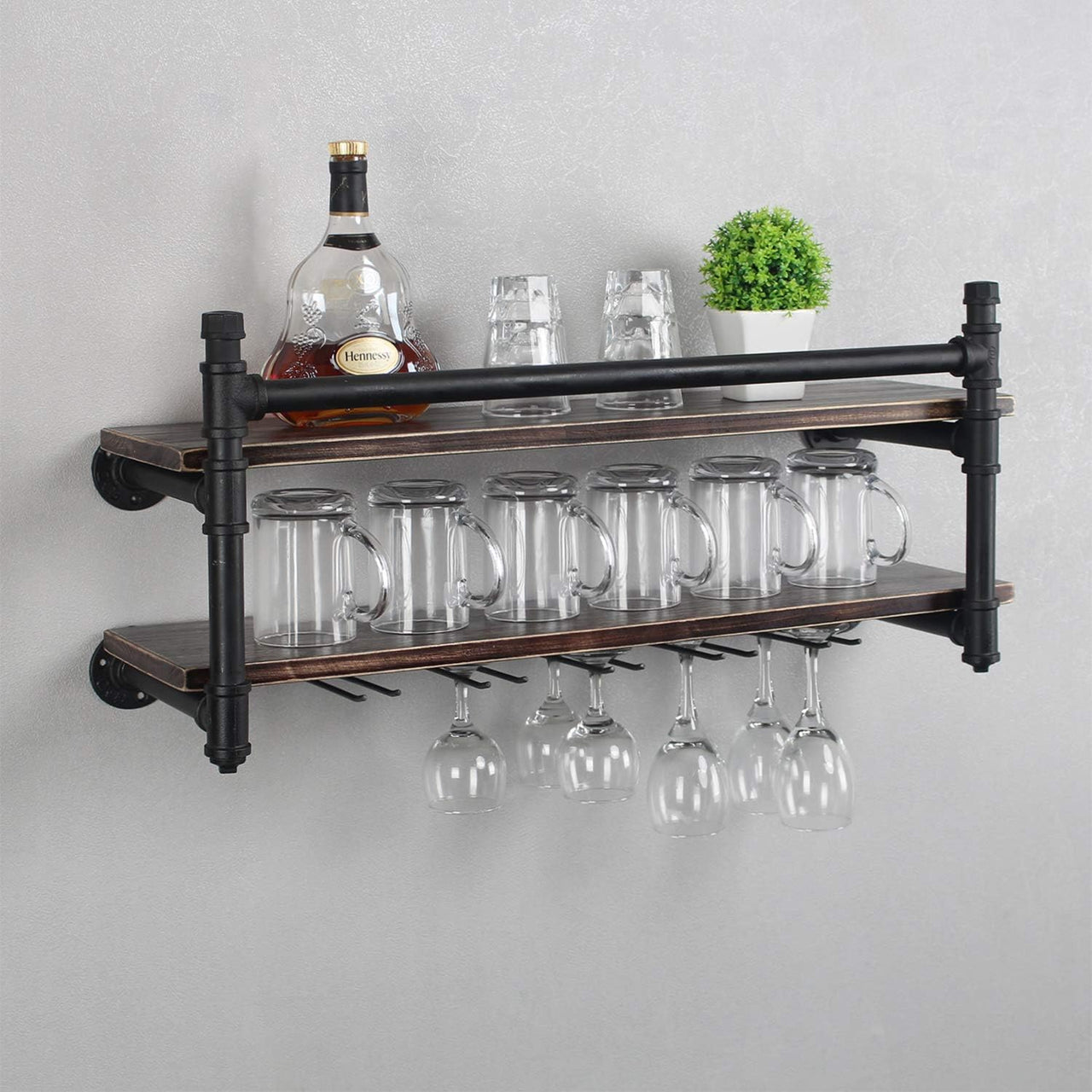 Industrial Wall Mounted Wine Rack,2-Tier Wood Shelf,Wine Bottle with 5 Stemware Glass Rack,Mugs Racks,Bottle & Glass Holder,Display Racks,Home & Kitchen Décor,Black(30 Inch,Style B)