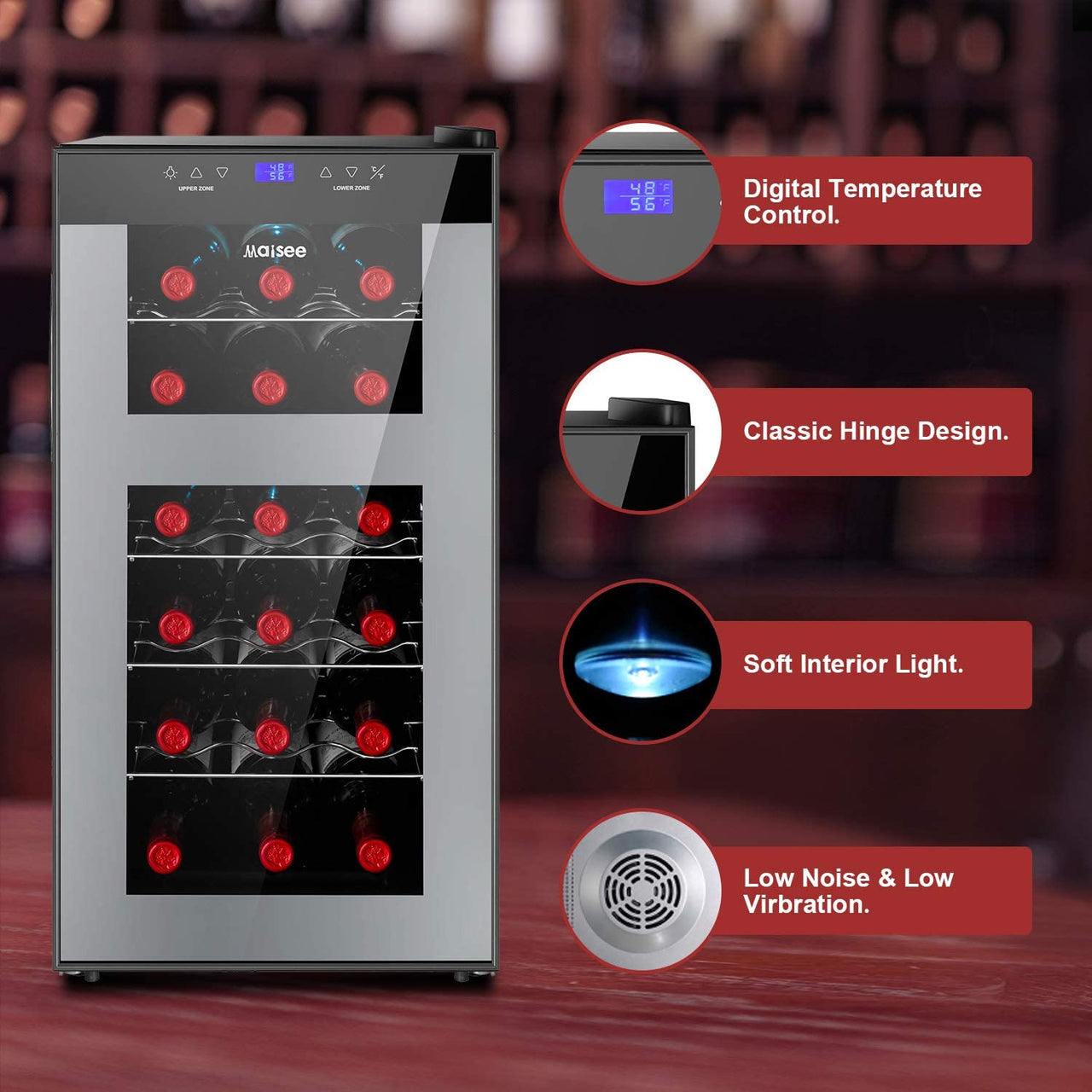 Wine Fridge Dual Zone,18 Bottles Wine Cooler Refrigerator Chiller Upper Zone 46F-54F Lower Zone 54F-65F for Red White Wine Champagne in Home Office Bedroom Countertop （18 Bottles,Black