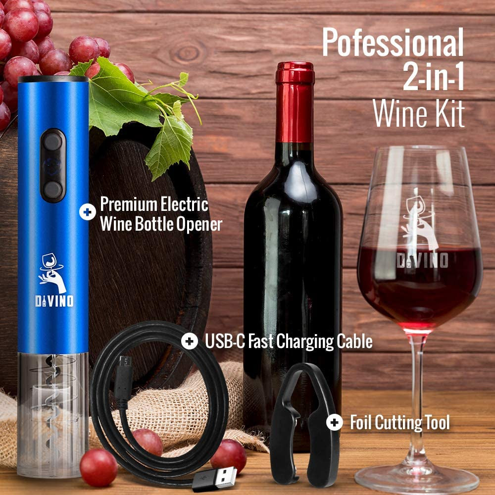 Electric Wine Opener Rechargeable Set – Cordless Electric Wine Bottle Opener with Foil Cutter – Automatic Wine Opener Electric Corkscrew – Electric Wine Openers Rechargeable Wine Opener, Wine Gift Set