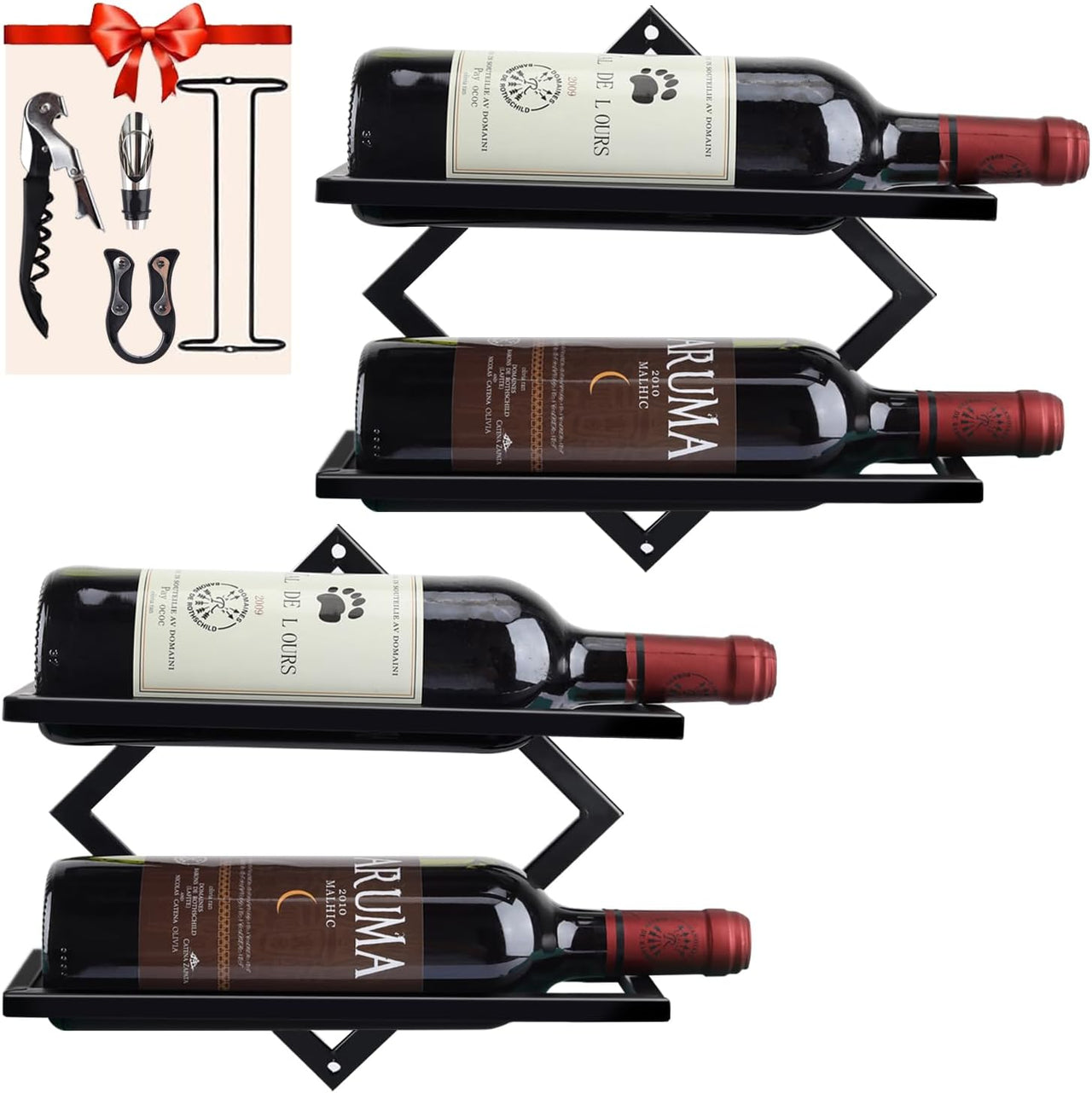 2 Pack Wine Rack Wall Mounted, Metal Hanging Wall Wine Rack, Wall Mounted Wine Rack for Adult Beverages or Liquor Storage, Wine Wall Rack for Home & Kitchen Bar Bottle Display Decor