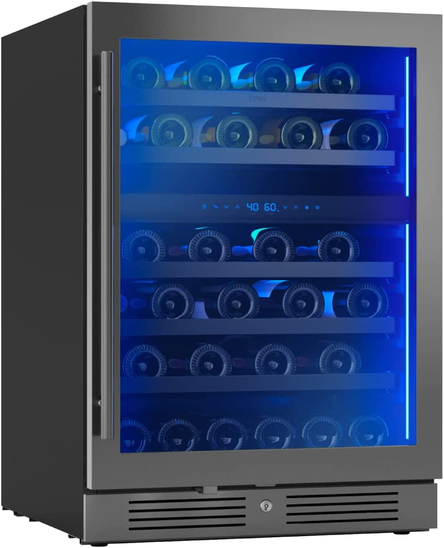 Presrv 24" Wine Fridge Dual Zone under Counter - Countertop Mini Wine Cooler Cellars Small Cabinet Wine Refrigerator Home Bar Chiller Freestanding with French Glass Door Black, 45 Bottles 750Ml