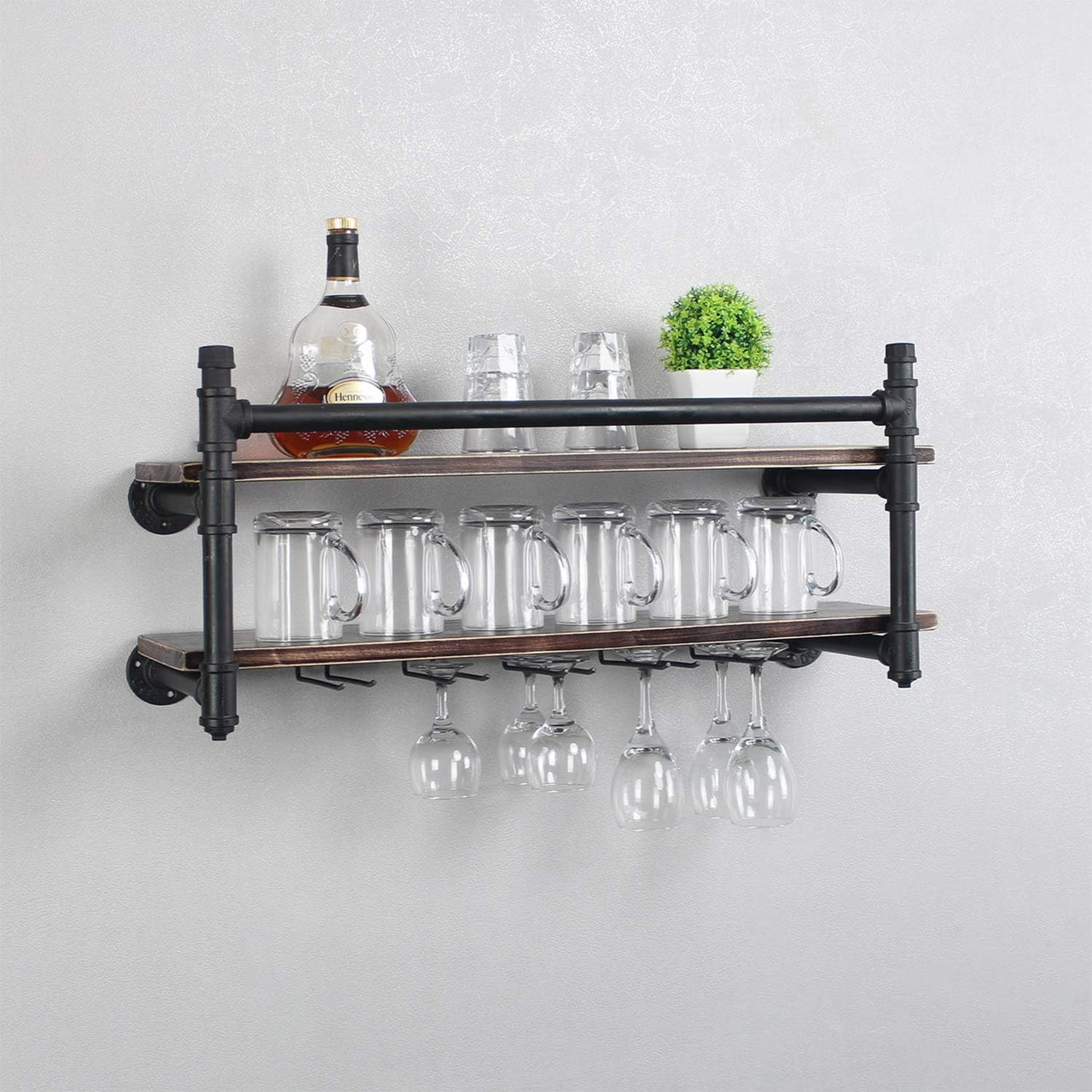 Industrial Wall Mounted Wine Rack,2-Tier Wood Shelf,Wine Bottle with 5 Stemware Glass Rack,Mugs Racks,Bottle & Glass Holder,Display Racks,Home & Kitchen Décor,Black(30 Inch,Style B)