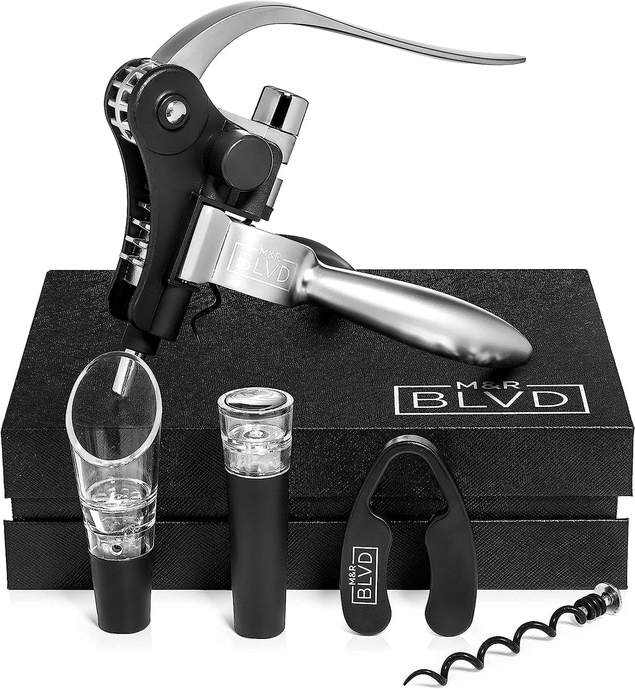 Wine Bottle Opener Set by  - Professional Grade, Deluxe Screwpull Lever Corkscrew - Extra Spiral, Foil Cutter, Aerator Spout, Wine Stopper - Premium Bar Accessory & Wine Gift Set - Silver