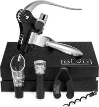 Thumbnail for Wine Bottle Opener Set by  - Professional Grade, Deluxe Screwpull Lever Corkscrew - Extra Spiral, Foil Cutter, Aerator Spout, Wine Stopper - Premium Bar Accessory & Wine Gift Set - Silver