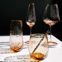 Thumbnail for Glass Drinkware Geometric Wine Glass Cups Hammered Lead-Free Champagne Glass Gold Side Red Wine Goblet Glass Juice Water Glasses