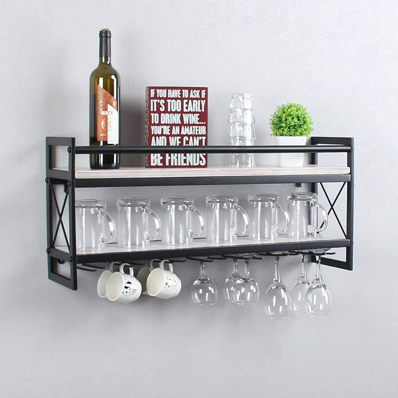 Modern Wall Mounted Wine Rack,2 Layer Bottle & Glass Holder,30 Wine Storage Stemware Glass Rack,Metal & Wood Display Racks,Home & Kitchen Decor Storage Rack,Vintage White