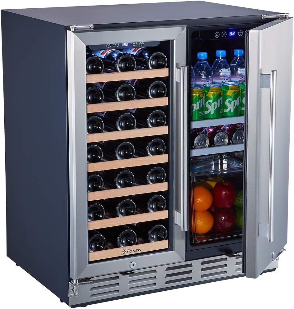 "Ultimate 2-in-1 Wine and Beverage Refrigerator - Store 33 Bottles and 104 Cans  - Sleek Glass Door and Stainless Steel Finish -"