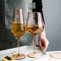 Thumbnail for Glass Drinkware Geometric Wine Glass Cups Hammered Lead-Free Champagne Glass Gold Side Red Wine Goblet Glass Juice Water Glasses