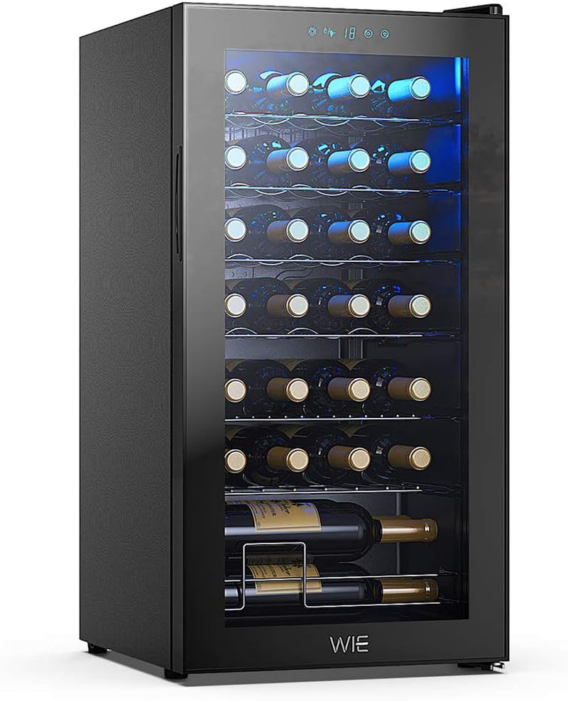 28 Bottle Wine Cooler Refrigerator Compressor Wine Fridge Freestanding Quiet Operation 41°F-64°F Cooling Wine Cellar Digital Touch Display Uv-Protective Finish Auto-Defrost Double-Layer Glass Door