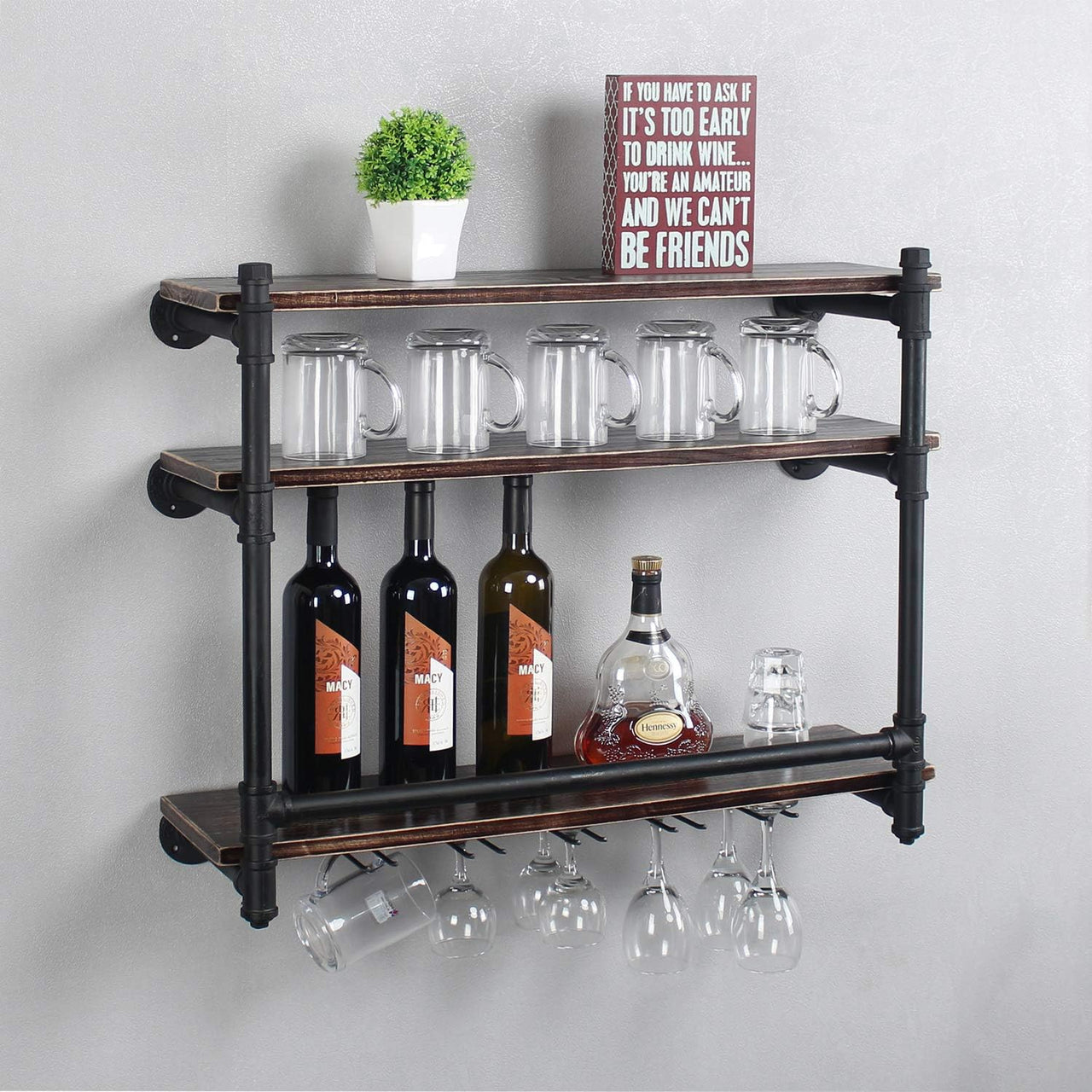 Industrial Wall Mounted Wine Rack,3-Tier Wood Shelf,Wine Bottle with 5 Stemware Glass Rack,Mugs Racks,Bottle & Glass Holder,Display Racks,Home & Kitchen Décor,Black(30 Inch,Style A)