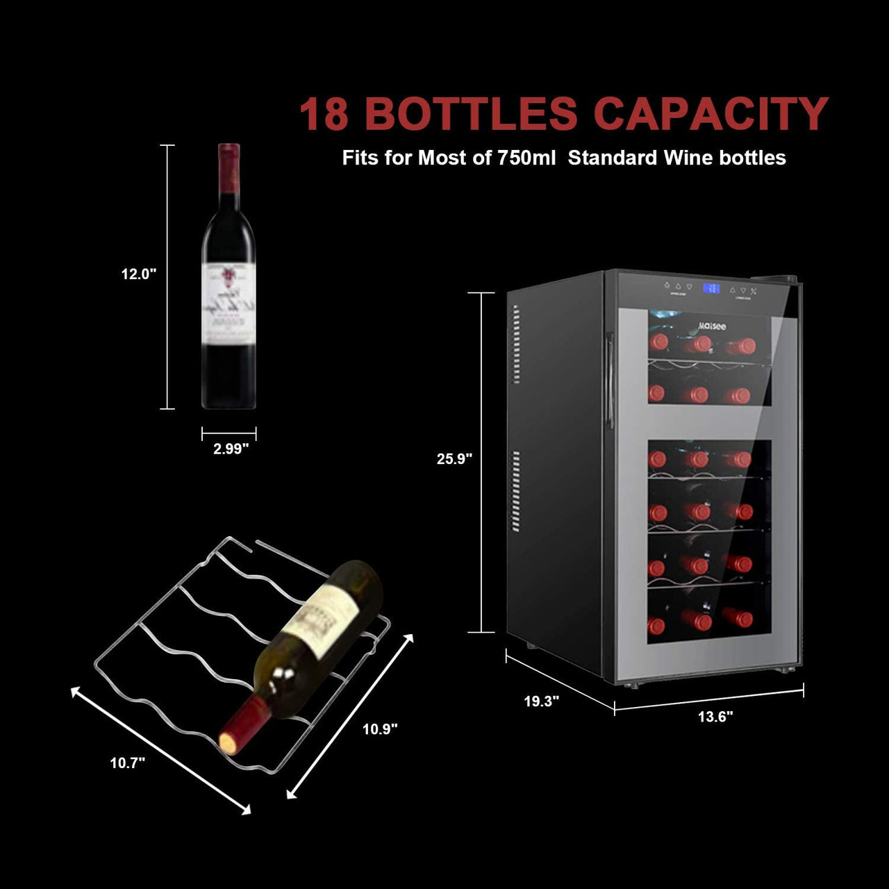 Wine Fridge Dual Zone,18 Bottles Wine Cooler Refrigerator Chiller Upper Zone 46F-54F Lower Zone 54F-65F for Red White Wine Champagne in Home Office Bedroom Countertop （18 Bottles,Black