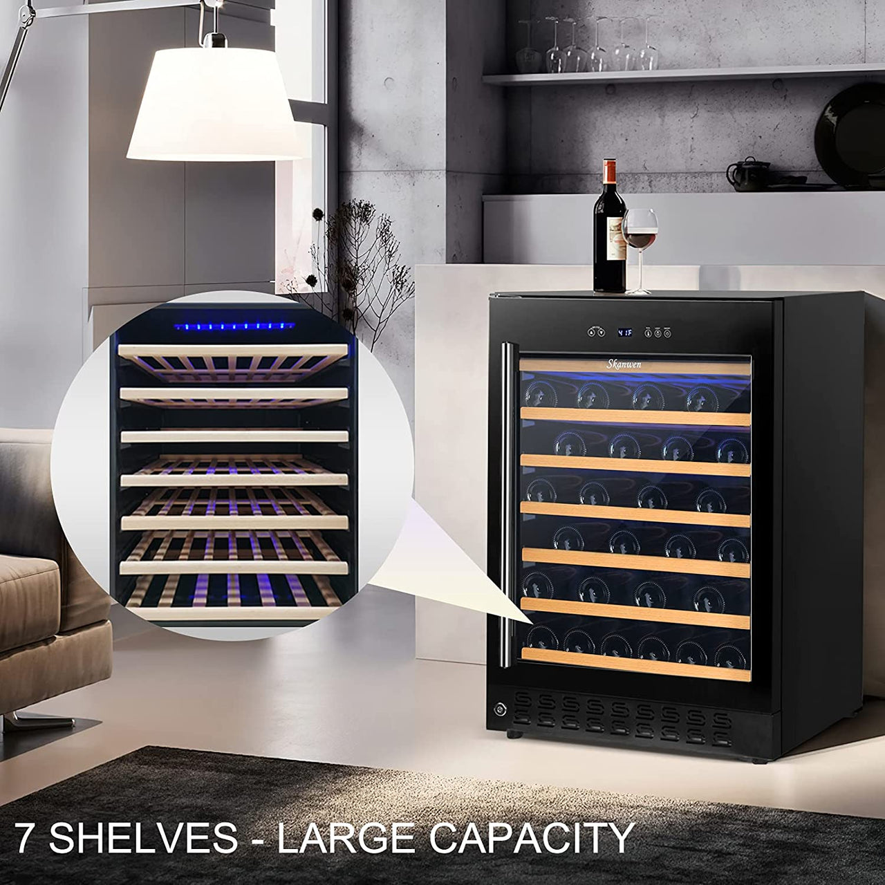 24 Inch Wine Cooler Beverage Refrigerator, 54 Bottle Storage Wine Fridge Constant Digital Temperature Control Built-In or Freestanding Compressor Wine Cellar Glass Door Stainless Steel Black