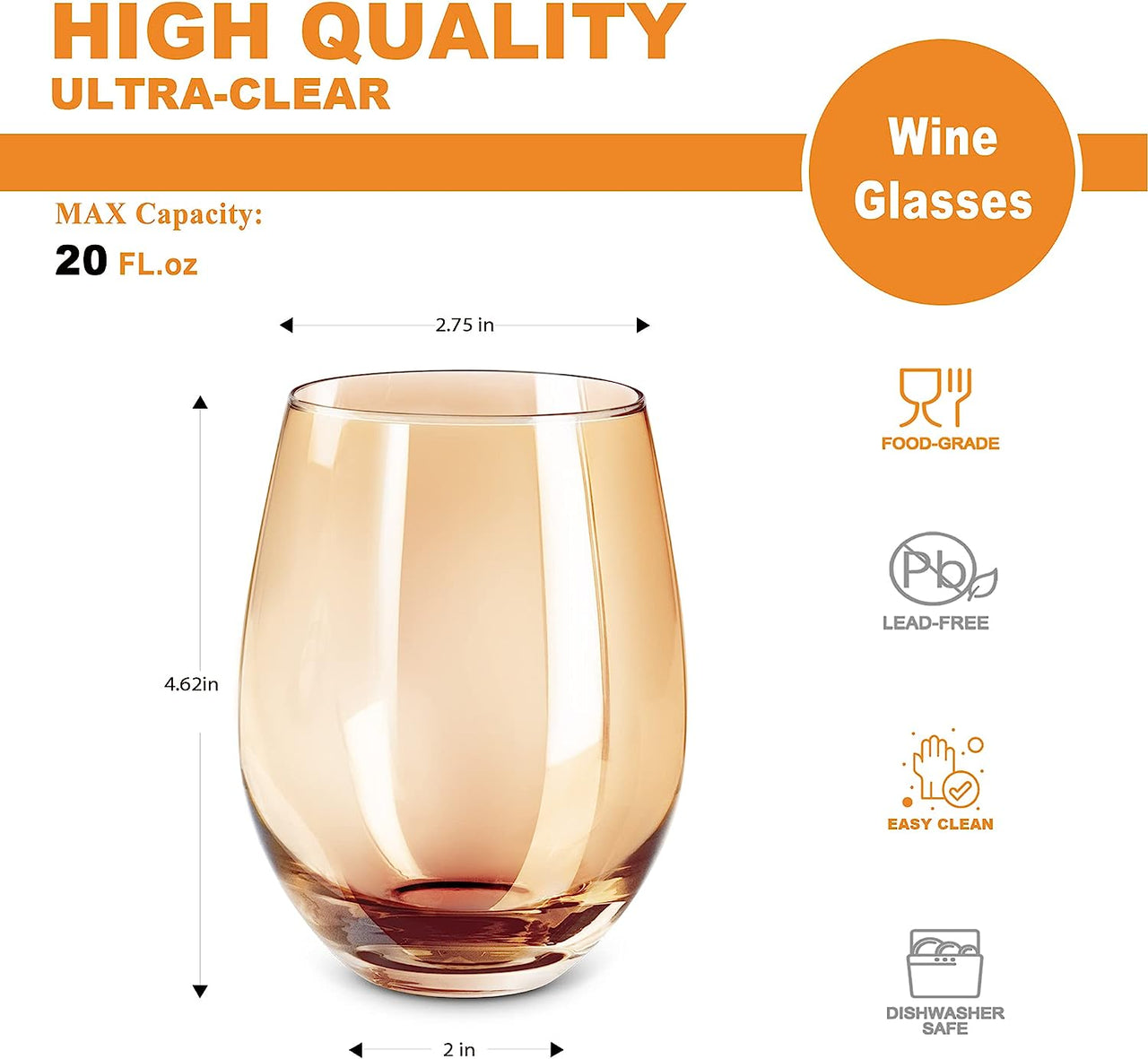 Amber Stemless Wine Glass(Set of 4)-20 Ounces,Colored Water Juice Drinking Glasses,All-Purpose Glass Wine Tumblers,No Stem Glass Beverage Cups,Perfect for Home,Bar,Restaurants and Parties