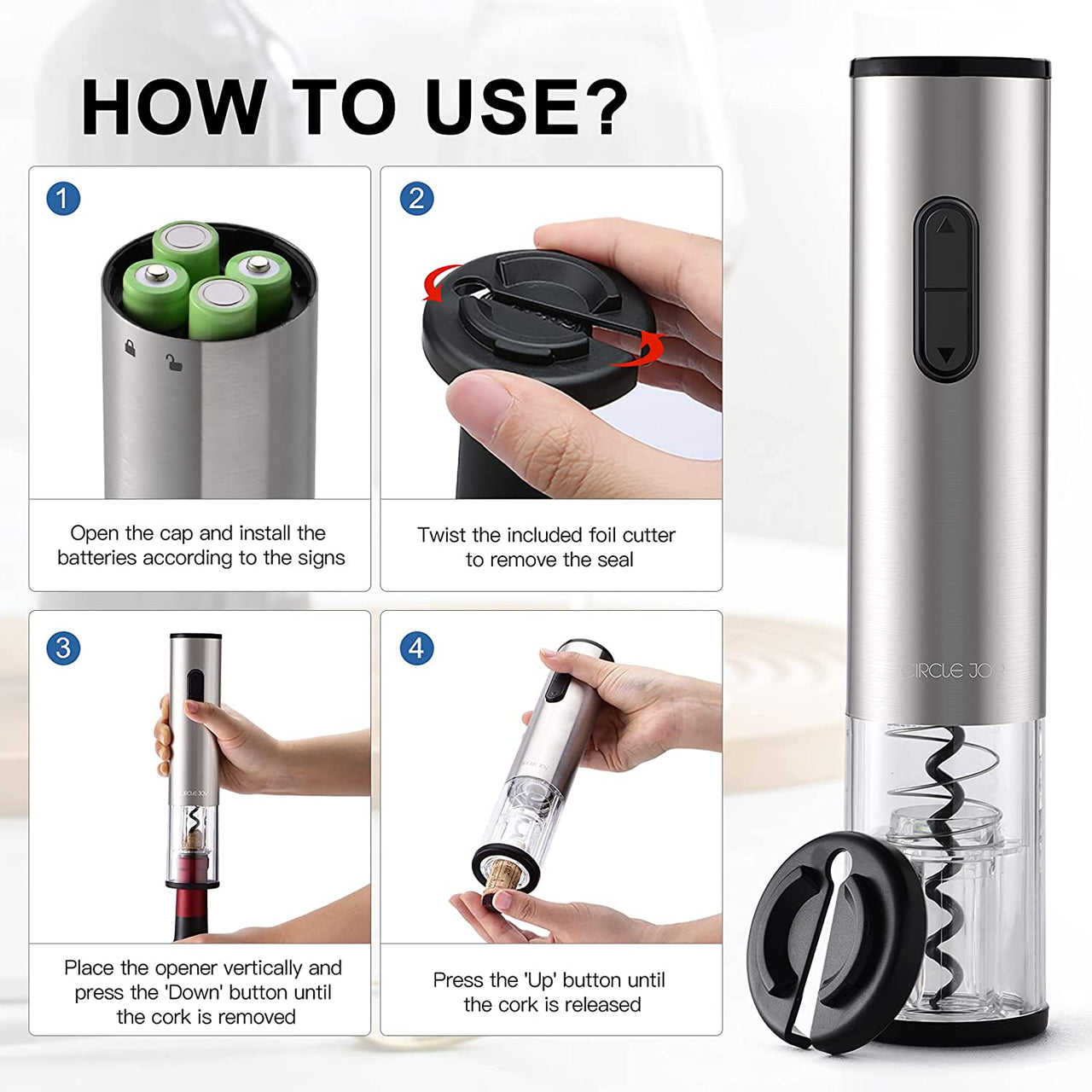 Electric Wine Opener Rechargeable Battery Operated Wine Bottle Opener with Foil Cutter Automatic Wine Openers Electric Corkscrew Wine Opener for Wine Lovers, Stainless Steel