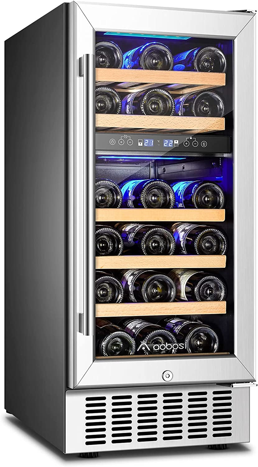 【Upgraded】 15 Inch Wine Cooler, 28 Bottle Dual Zone Wine Refrigerator with Stainless Steel Tempered Glass Door,Memory Function, Fit Champagne Bottles, Wine Fridge Freestanding and Built-In