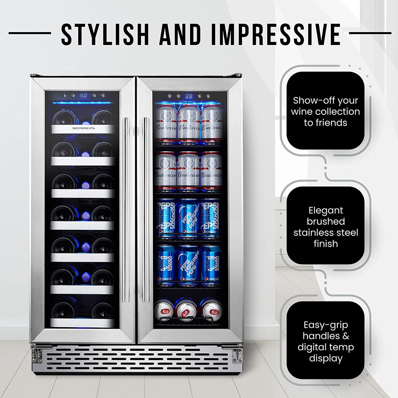 Wine and Beverage Refrigerator, Wine Cooler 20 Bottles&78 Cans 24’’, Built-In/Freestanding Dual Zone Wine Fridge with Glass Door Removable Shelves for Home/Bar/Office Quiet