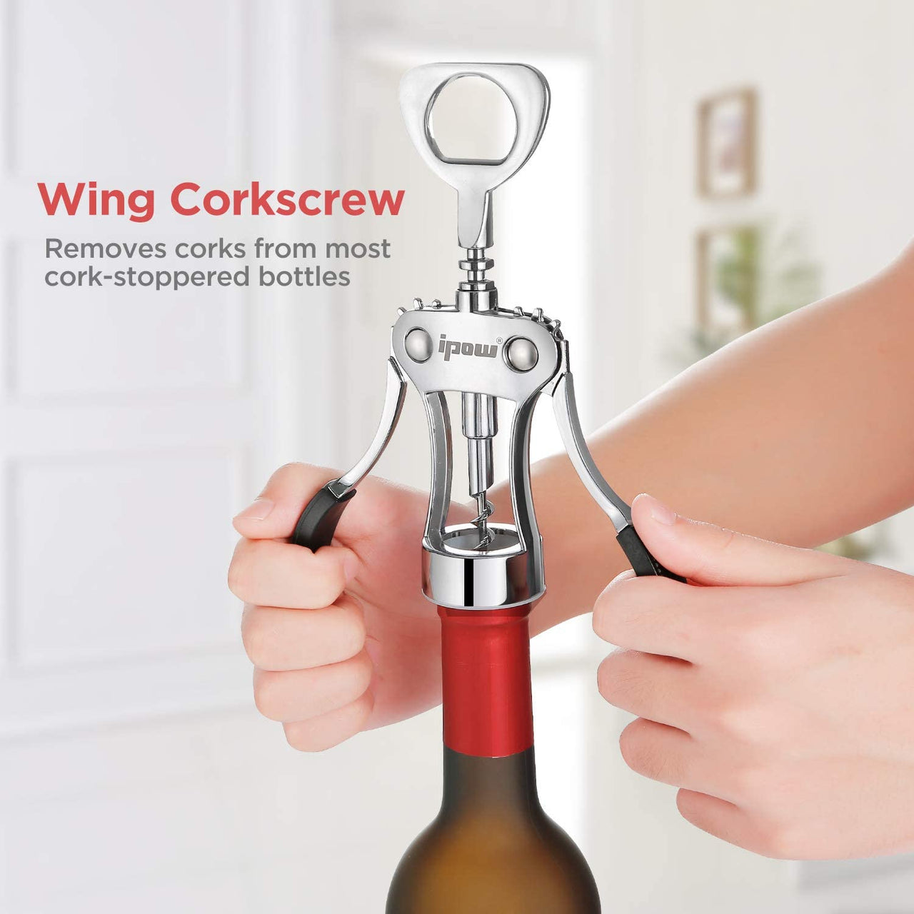 Wine Opener, Zinc Alloy Wine Bottle Opener, Wing Corkscrew Heavy Duty, Manual Multifunctional Cork Screw for Waiter, Silver