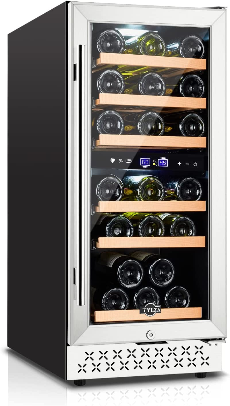 Mini Fridge 15 Inch Wine Cooler under Counter, 30 Bottle Dual Zone Wine Fridge with Stainless Steel, Wine Refrigerator Freestanding, and Built-In Wine Cellars TYWC100