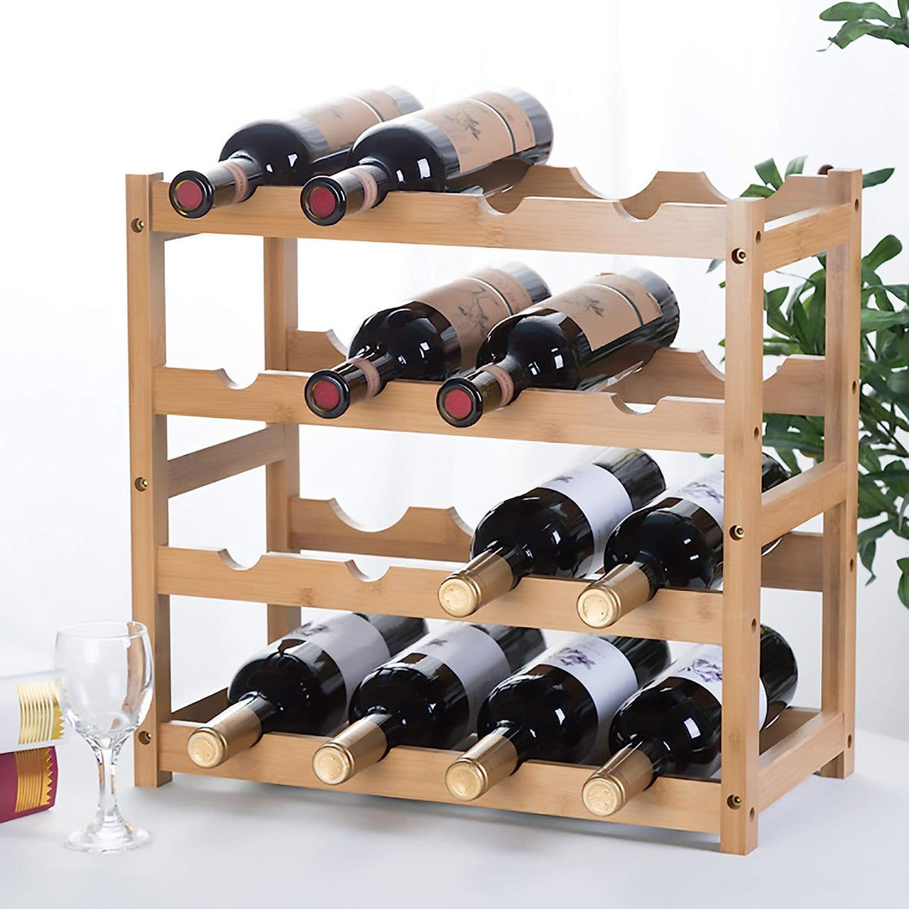 Wine Rack, Natural Bamboo Wine Bottle Rack Strong and Durable Wine Rack Rack for Freestanding Countertops, Kitchens, Restaurants, Pantry, Bars-16 Bottles on 4 Layers