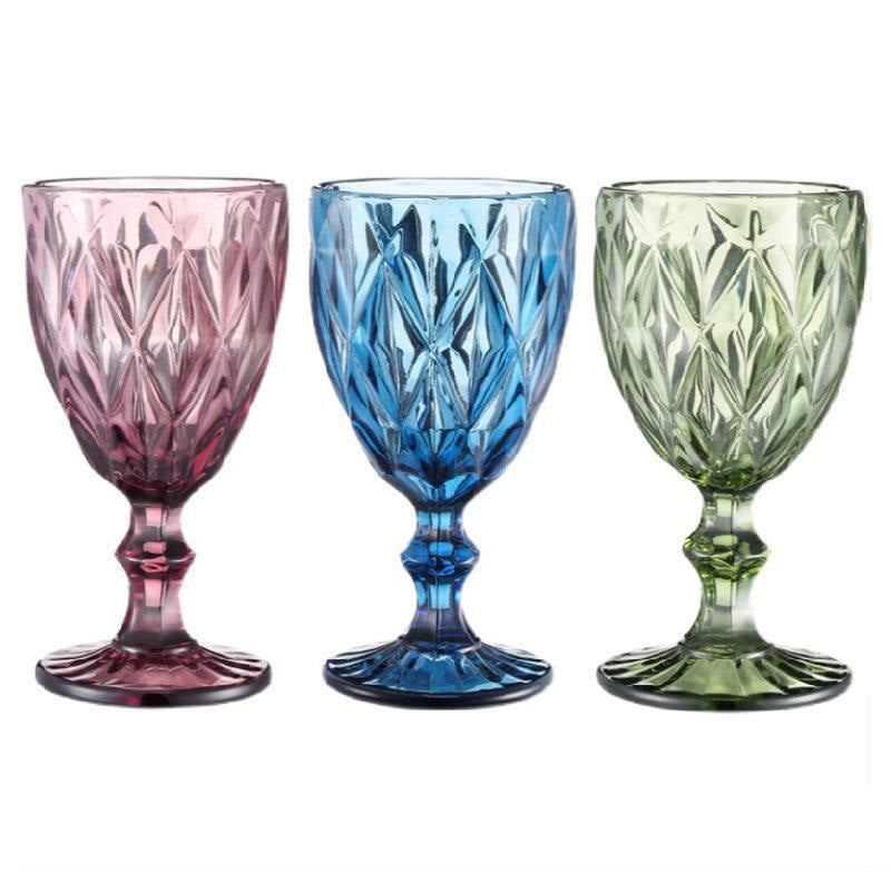 Retro Colored Wine Glasses Drink Water Cup with Multi-Color Diamond Pattern Goblet Glass