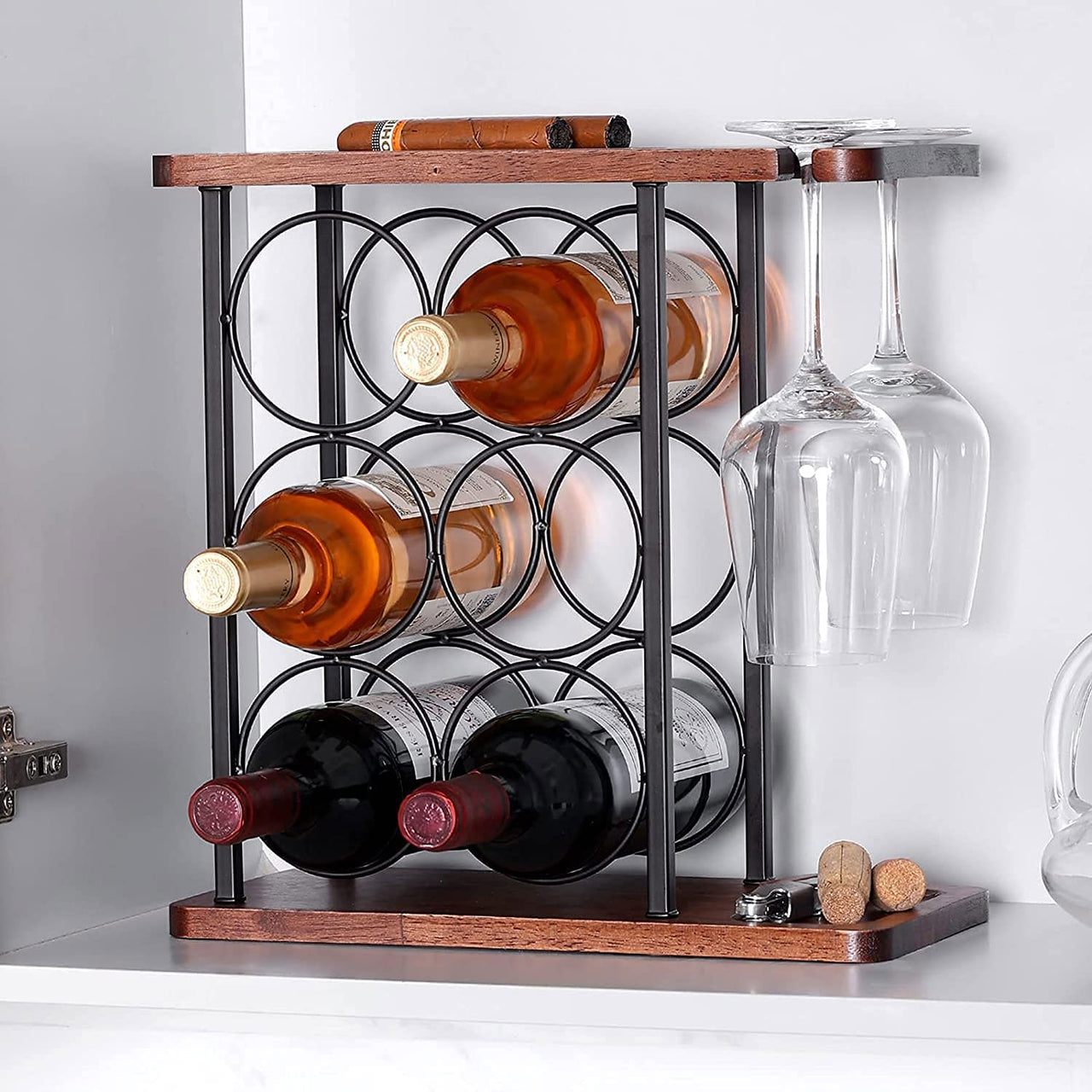 Countertop Wine Rack,Wine Rack with Glass Holder ,Wood Wine Bottle Holder Storage Rack Stand Perfect for Home Decor & Kitchen