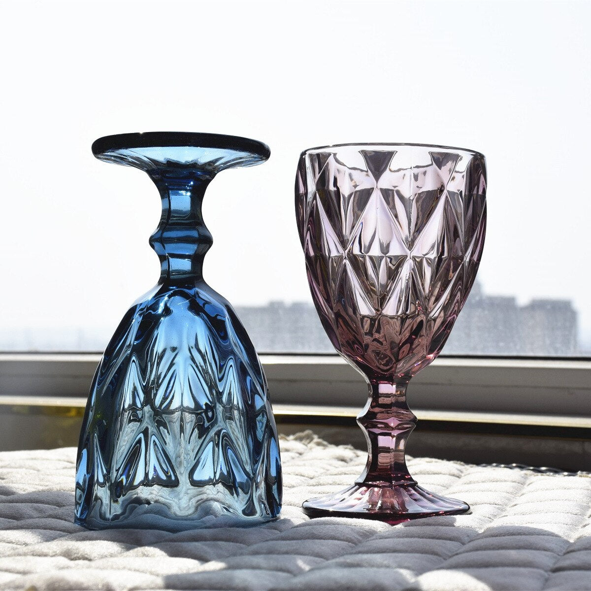 Retro Colored Wine Glasses Drink Water Cup with Multi-Color Diamond Pattern Goblet Glass